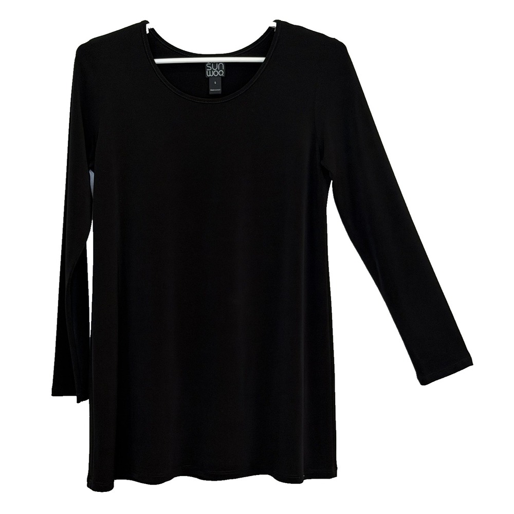 Clara Sun Woo Tunic Top Womens Small Black Long Sleeve Round Neck Stretch Travel